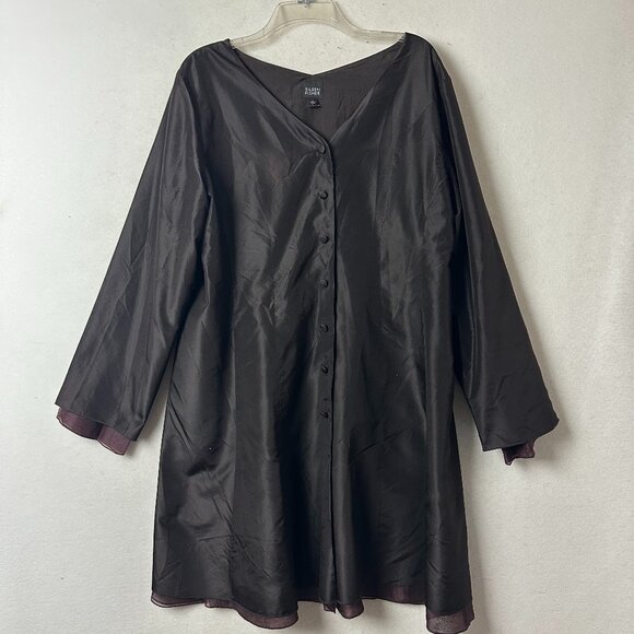 Eileen Fisher 100% Silk Taffeta Brown Tunic Shirt Button Front Size Large - Picture 1 of 6
